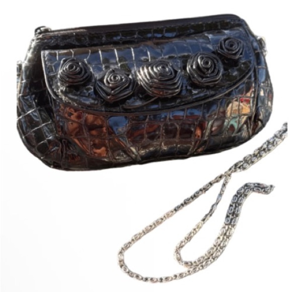 Brighton Black Croc-Embossed Clutch with Rosette Accents
